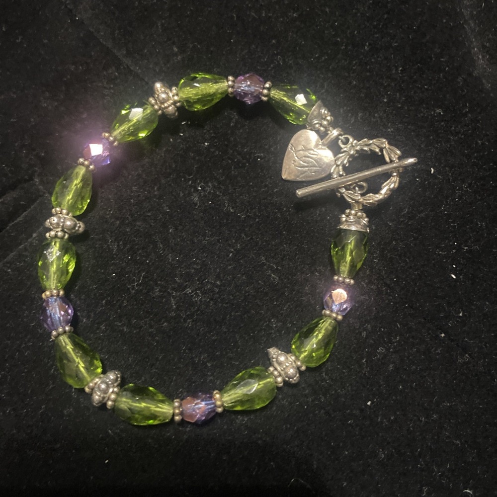 Boho Sterl. (925) And Green Purple Crystal Bead Bracelet with Heart& Toggle 7.5'